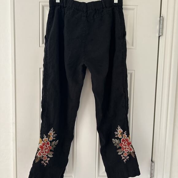 Johnny Was JW Los Angeles Linen Pants Embroidered Wide Leg Cropped Black Boho S - Picture 4 of 7